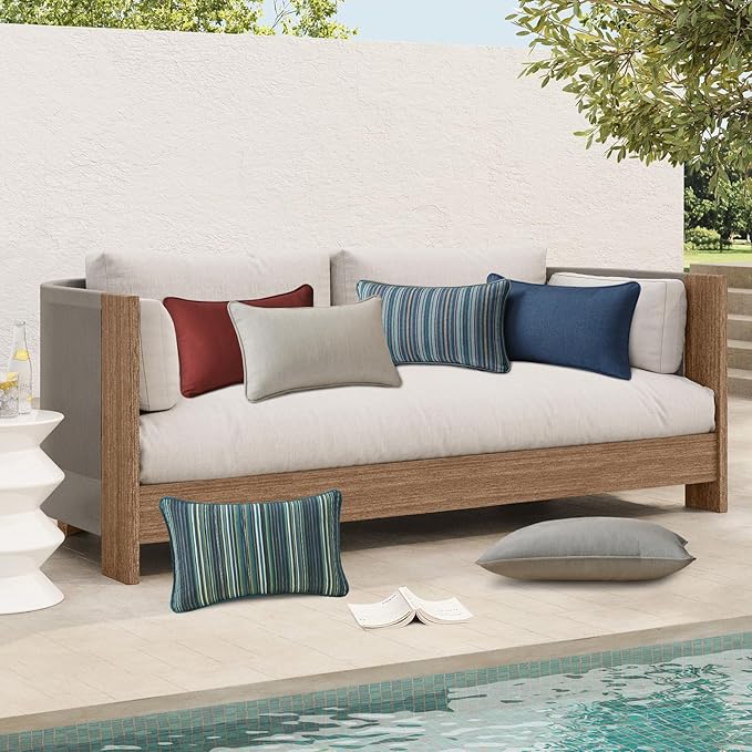 Sunbrella Decorative Outdoor Water Repellent Throw Pillows with Inserts, Set of 4, 20" x12" Pillows for Patio, Backyard, Bed, Couch, and Patio Furniture, Beach Stripe Lagoon