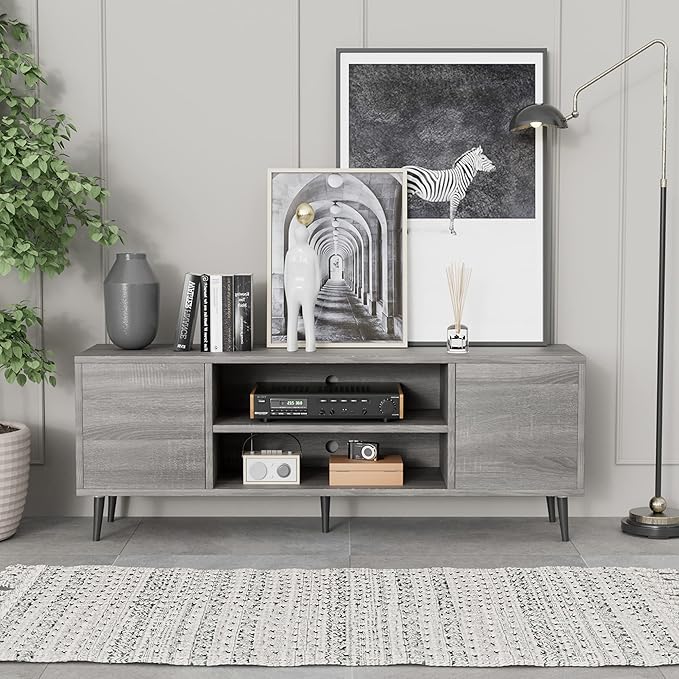 JUMMICO TV Stand for 65 Inch TV, Mid Century Modern TV Stand, Entertainment Center with Storage Cabinet and Open Shelves, TV Console Table Media Cabinet for Living Room, Bedroom and Office (Gray)