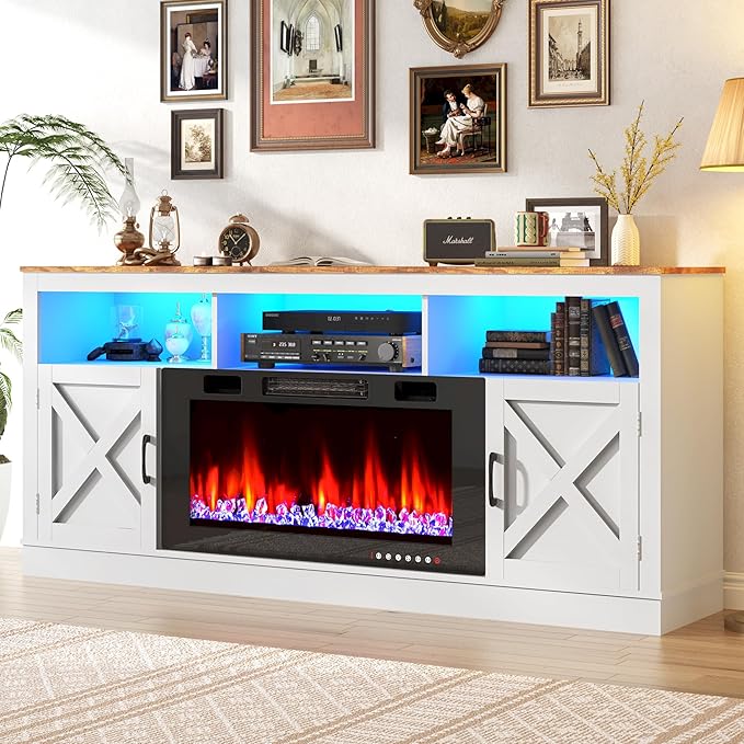 Farmhouse TV Stand with 36" Fireplace for 80" TV, 70" Entertainment Center with Barn Doors and LED Light, Tall Fireplace TV Stands for Living Room,White