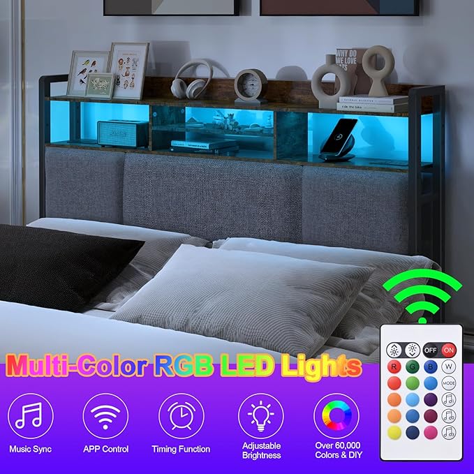 Upholstered Queen Size Headboard with 2 Power Outlets & LED Light, Head Board with Storage Shelves for Bed, Queen Headboard Only, Height Adjustable, Sturdy & Stable, Brown