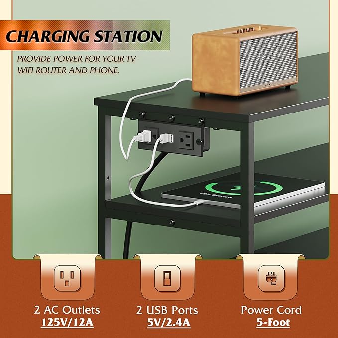 WLIVE Black TV Stand for 40, 45 inch TV, Entertainment Center with LED Lights & Charging Station, TV Media Console Table with 6 Fabric Drawers and Open Shelves for Living Room, Hallway, Wood Top