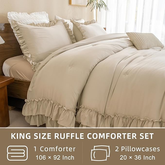 QSH Wheat Comforter King Size for Bed, Shabby Ruffle Chic Bedding Comforter Set, 3 Pices Farmhouse Vintage Bedding Sets, All Season Ultra Soft Lightweight Microfiber Fluffy Comforter
