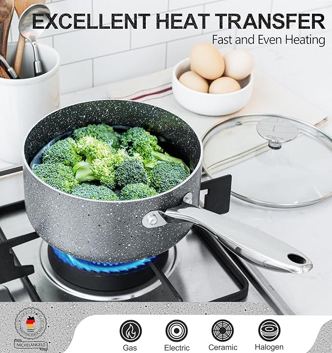 MICHELANGELO Sauce Pan with Lid, 3 Quart Saucepan with Lid Nonstick Small Pot, Granite Sauce Pan with Stainless Steel Handle, 3 Qt Saucepan Induction Compatible