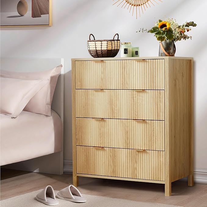 Fluted 4 Drawer Tall Dresser for Bedroom, Mid Century Modern Nightstand with Drawers, Tall Bedside Table for Closet Cloth, Living Room End Table with Storage for Dorm -Natural