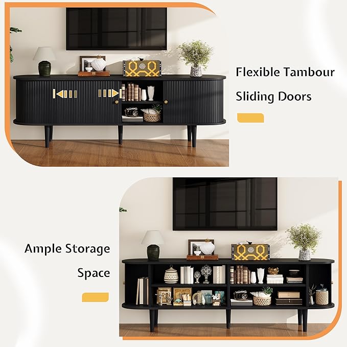 70" Mid-Century Modern TV Stand with Tambour Door, TV Console with Solid Wood Legs for TVs up to 80", Fluted Entertainment Center with Storage for Living Room, Black
