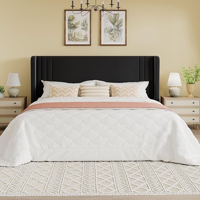 SHA CERLIN King Size Velvet Upholstered Platform Bed Frame with Vertical Channel Tufted Wingback Headboard, Wooden Slats Support, Easy Assembly, Under Bed Storage, No Box Spring Required, Black