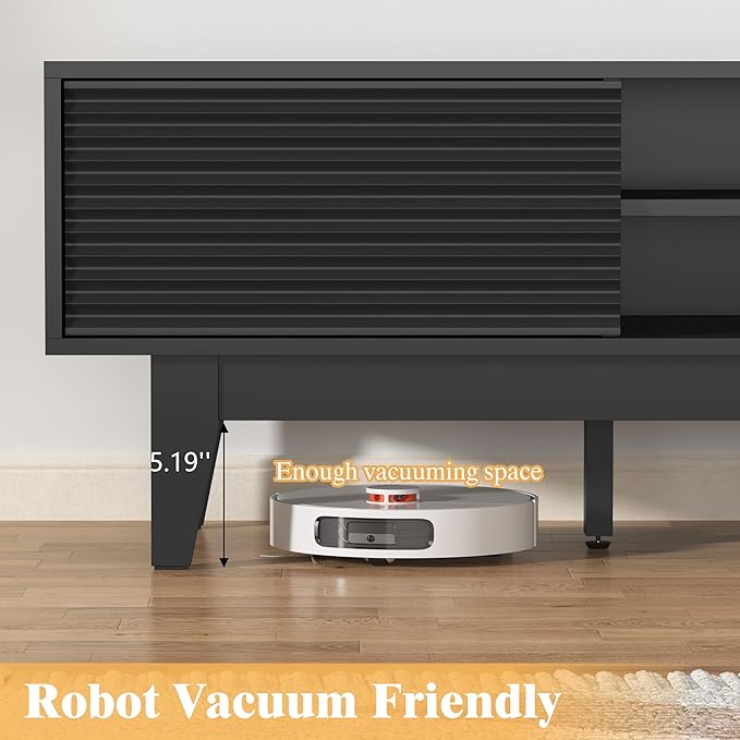 Wooden Fluted TV Stand for 55 65 70 inch TV, Long & Large TV Media Console Table with Storage Cabinets, Boho Farmhouse Entertainment Center for Living Room, Bedroom - Black