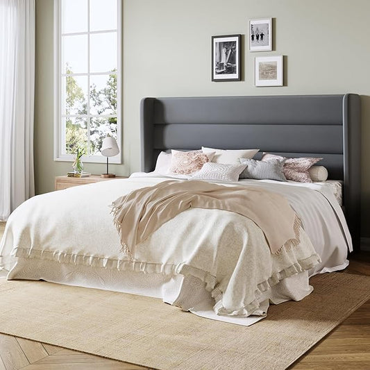 Allewie Queen Size Platform Bed Frame with Velvet Upholstered Wingback Headboard, No Box Spring Needed, Under Bed Storage Space, Strong Wooden Slats, Modern Mattress Foundation, Easy Assembly, Grey