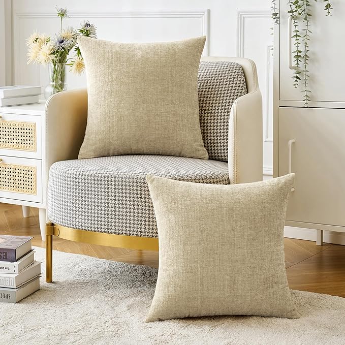 MIULEE Pack of 2 Beige Throw Pillow Covers 16x16 Inch Soft Chenille Pillow Covers for Sofa Living Room Couch Solid Dyed Cases