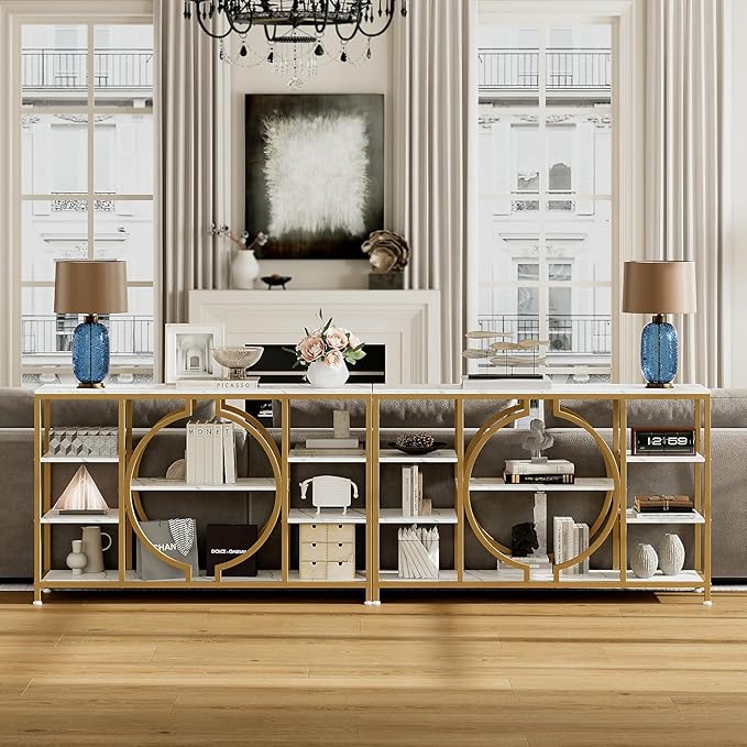 GiftGo 47" Industrial Console Tables for Entryway Rustic Sofa Table Behind Couch 4 Tier Wooden Shelves Entry Table with Storage for Foyer, Hallway, Front Door,Living Room (White Gold, 47")