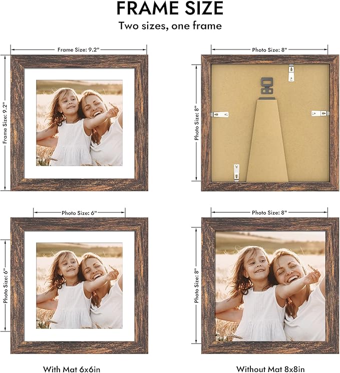 8x8 Picture Frame with Glass, Display Pictures 6x6 with Mat or 8 x 8 without Mat - Wall and Tabletop, 8 by 8 Photo Wooden Frames (Rustic Brown, 1 Pack)