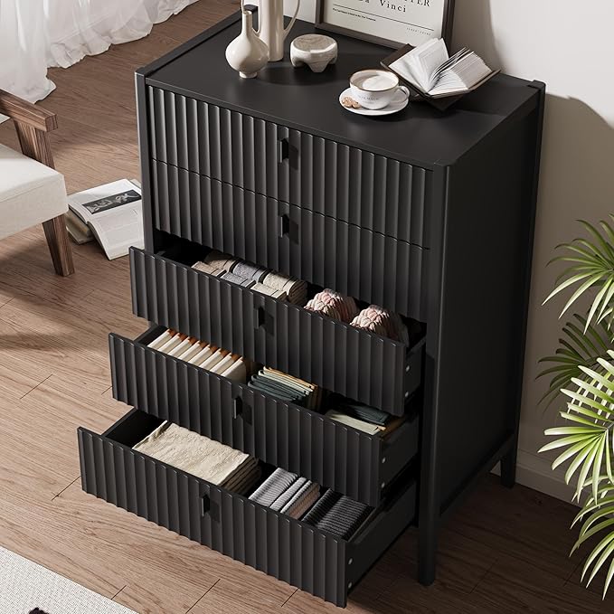 Black 5 Drawer Dresser, Fluted Wood Chest of Drawers for Bedroom, Modern Dresser with Deep Drawers for Clothes, 32 Inch Tall Nightstand for Bedroom, Living Rooms, Offices, and Entryways