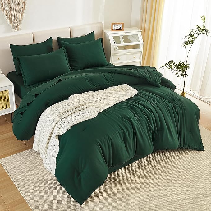 Litanika California King Comforter Set Dark Emerald Green - 7 Pieces Bed in a Bag Cal King Bedding Comforter Sets, Plain Lightweight Bed Set with Comforter, Sheets, Pillowcases & Shams