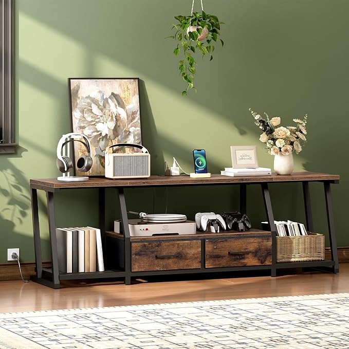 LED TV Stand with Fabric Drawers for 75 Inch TV, Entertainment Center with Power Outlets and Open Storage Shelves, Industrial Media TV Console Table for Living Room, Bedroom, Rustic Brown