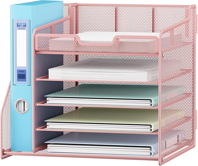 Lavatino Desk Organizer, 5-Tier Metal Mesh Paper Letter Tray with File Holder & 7 Flexible Dividers for Office or Home Desk Organizers and Accessories, Keep Workspace Supplies Neat & Organized, Pink