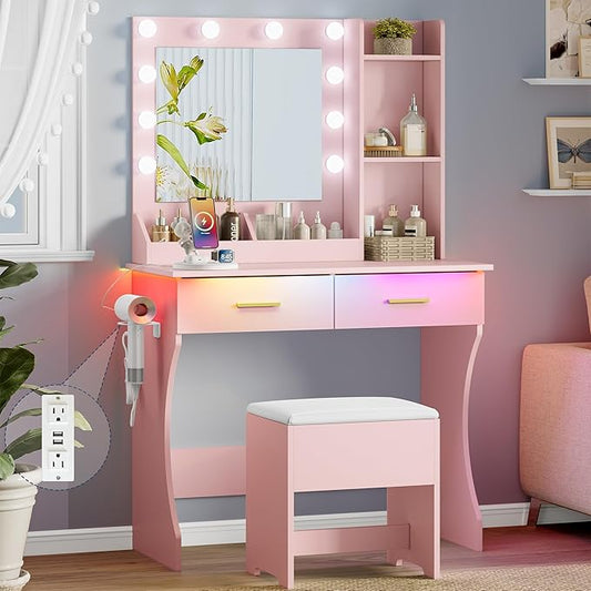 Makeup Vanity Desk with Mirror and Lights, Small Makeup Vanity Table Set with Drawers, Power Outlet & Storage Stool, White Vanity with 3 Lighting Modes LED for Women Girls Bedroom