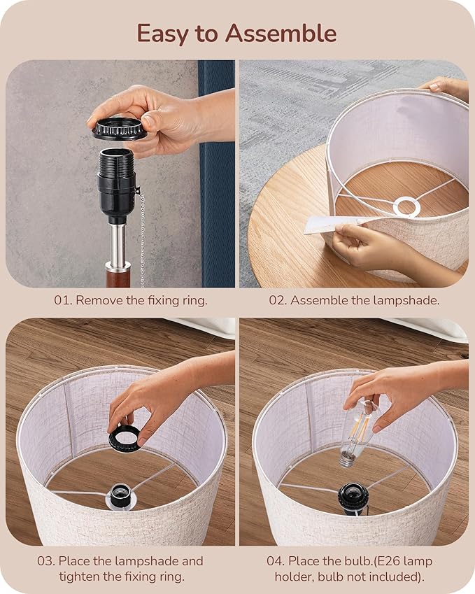 EDISHINE Mid Century Table Lamp Set of 2, Pull Chain Switch Bedside Lamp, Linen Shade, Solid Wood Pole & Brushed Nickel Metal Base, Modern Nightstand Lamp for Bedroom, Living Room, Office, E26 Base