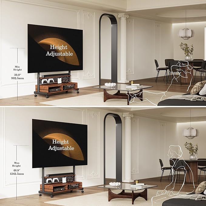 FITUEYES Rolling TV Stand Mount for 70 to 100 Large TV Screens，Mobile TV Floor Stand on Wheels with Ample Storage Pegboard & Wooden Shelf, Rolling TV Cart Hold up to 176 lbs, Max VESA 850 x 600