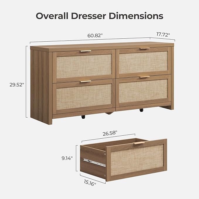 SICOTAS 60.8" Dresser for Bedroom, Rattan Boho Dresser with 4 Deep Drawers, Large Chest of Drawers for Closet,Nursery,Dressers TV Stand for Bedroom (Reclaimed Caramel Oak, 4 Drawers (1 pc))