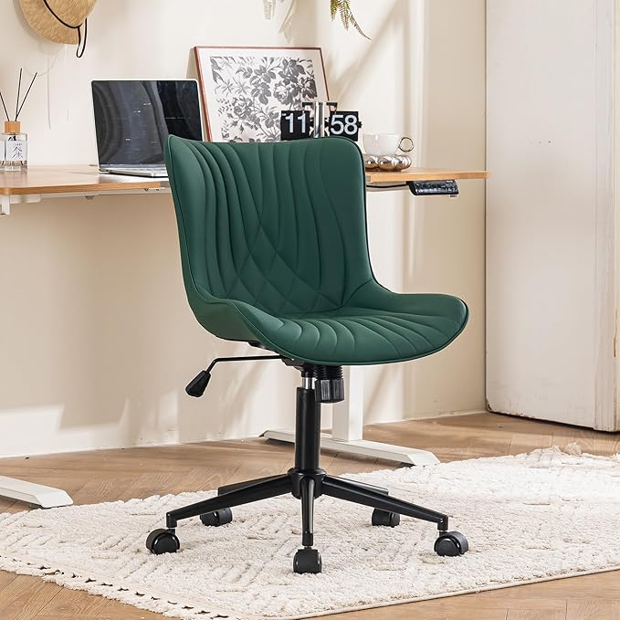 YOUTASTE Dark Green Office Chair, Modern Armless Desk Chair with Back, Adjustable Swivel Rolling Faux Leather Task Chair with Wheels Metal Base for Home Office, Study, or Vanity