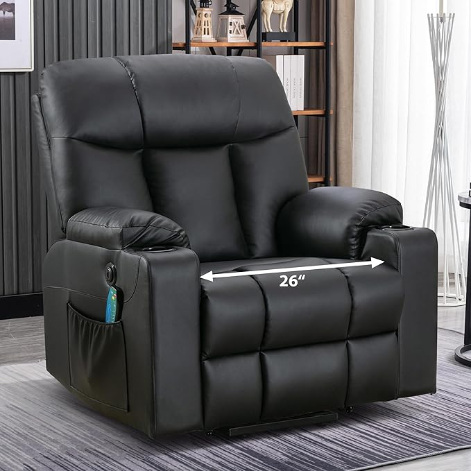 Bonzy Home 26" Extra Wide Lift Chair with Heat and Massage, Faux Leather Power Lift Recliner Massage Chair for Adults Elderly, Upholstered Recliner with 2 Cup Holders, Side Pocket
