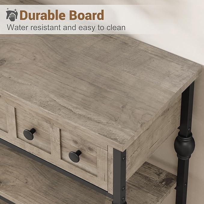 GarveeHome 52" Console Table, Entryway Table with 3 Storage Drawers, 3 Tier Industrial Metal Sofa Table, Behind Couch Table, Hallway Table for Entry, Living Room-Grey