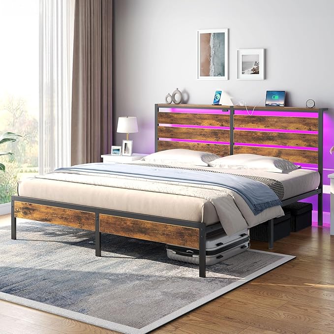 Rolanstar Bed Frame King Size with USB Charging Station, LED Bed Frame with Wood Storage Headboard, Rustic Brown Metal Platform Bed with Under Bed Storage, No Box Spring Needed, Noise Free