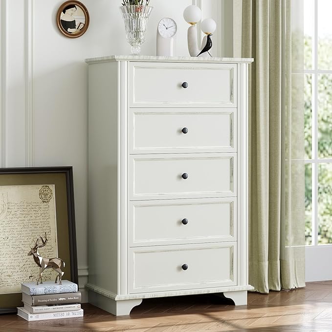 VINGLI White Dresser, 47" Tall Dresser Wood, 5 Drawer Dressers for Bedroom, White Chest of Drawers