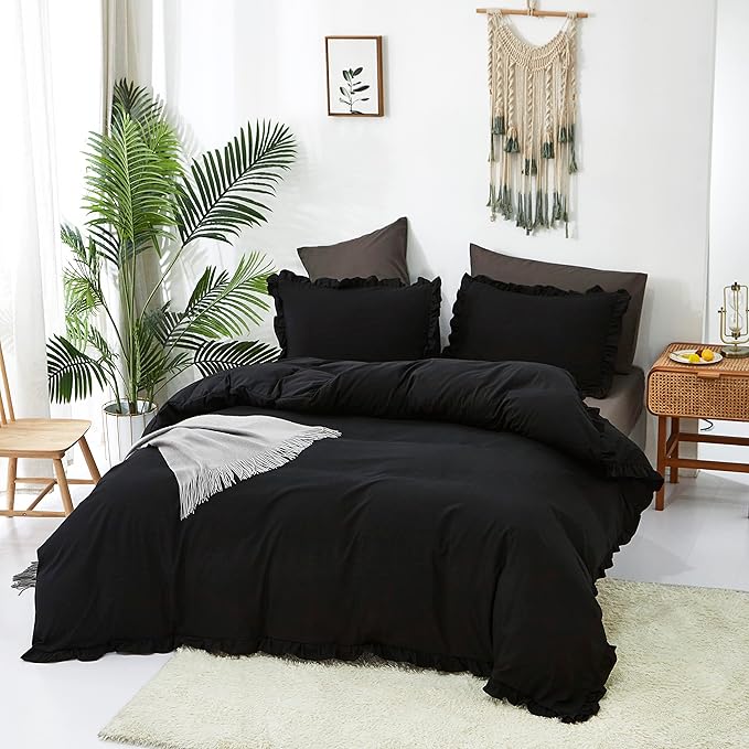 CLOTHKNOW Black Ruffles Queen Comforter Set Farmhouse Bedding Comforter Sets Shabby Chic Comforter Boho Comforter Queen with 2 x Pillow Cases