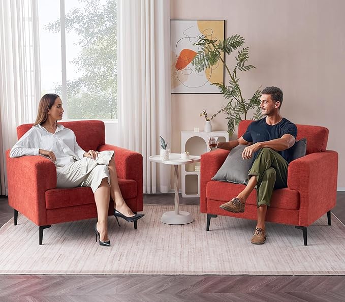 CDCASA Accent Chair, Chenille Fabric Oversized Mid Century Modern Chair Set of 2, Comfy Upholstered Armchair Reading Accent Chairs Sofa Chairs for Bedroom Living Room, Terracotta