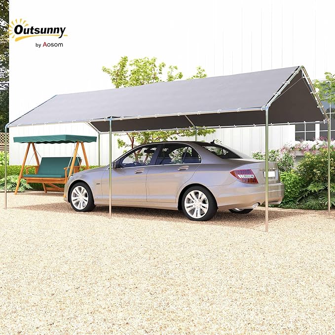 Outsunny 10'x20' Carport Heavy Duty Galvanized Car Canopy with Included Anchor Kit, 3 Reinforced Steel Cables, Grey