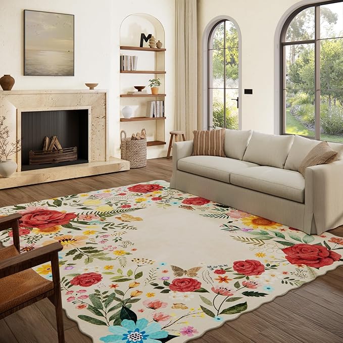 8'x10' Washable Rugs for Living Room, Soft Lightweight Non Slip Stain Resistant Dining Room Vintage Boho Floral Beige Rug Easy Clean Throw Carpet for Bedroom