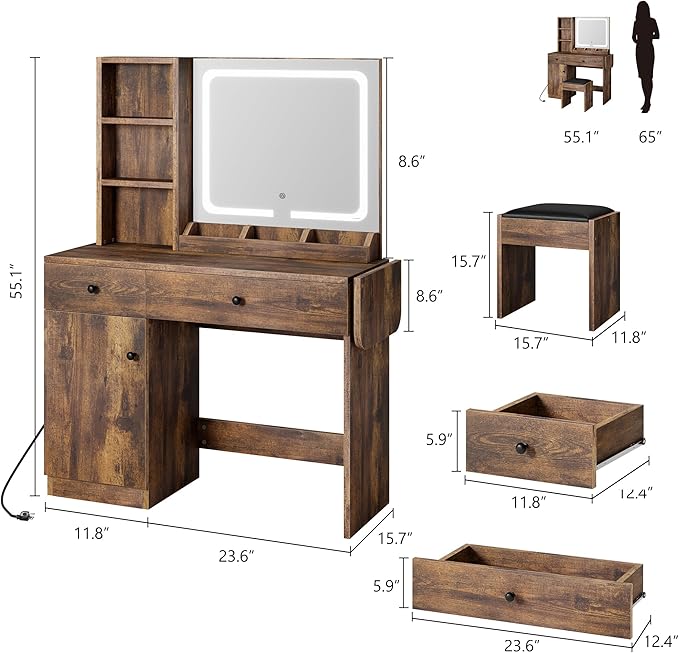 GarveeHome Makeup Vanity Desk with Mirror and Lights, Vanity Table Set with Drawer & Power Outlet ＆ Chair & 3 Shelves, Bedroom, Brown