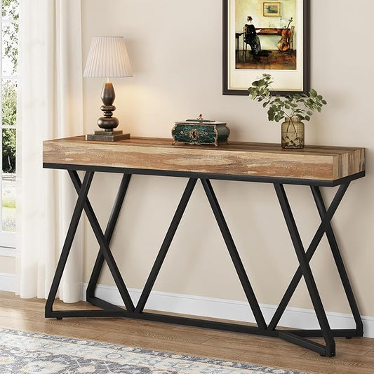 Tribesigns 55 Inches Console Table, Farmhouse Sofa Table Wood Entryway Table with Unique Metal Base, Behind The Couch Table Foyer Table, Industrial Accent Table for Hallway, Living Room, Entrance