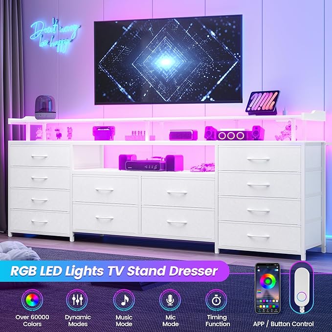 12 Drawers TV Stand Dresser for 65/70 inch TV, Entertainment Center with LED Lights & Power Outlets, 63" Large LED TV Stand, TV Console for Bedroom