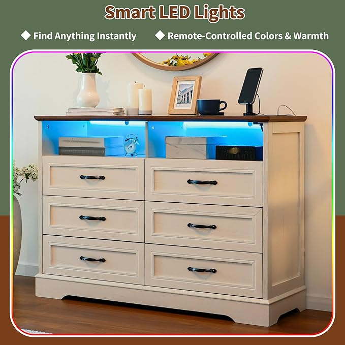 Vintage White Dresser for Bedroom,6 Drawers Dresser with LED Light,Power Outlets and Open Shelves,Chests of Drawers for 65 inch TV, for Hallway, Entryway