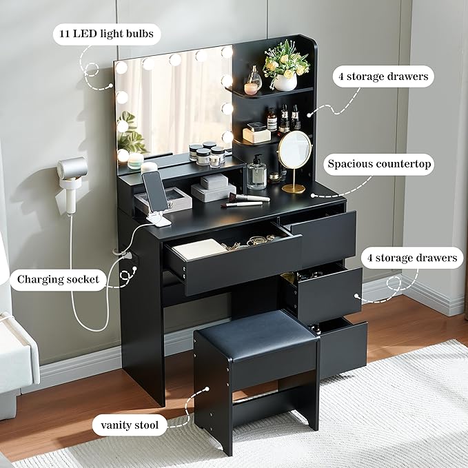 Black Vanity Desk with Mirror and Lights- Makeup Vanity Table Set with Power Outlet, 4 Drawers and Stool, Small Makeup Table with 3 Lighting Color Adjustable for Bedroom