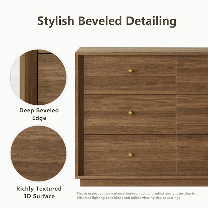 Mid Century Modern Dresser, 6 Drawer Dresser with Storage, 47" Wide Chest of Drawers with Wood Grain Texture, Drawers Organizer for Bedroom, Living Room, Hallway, Walnut