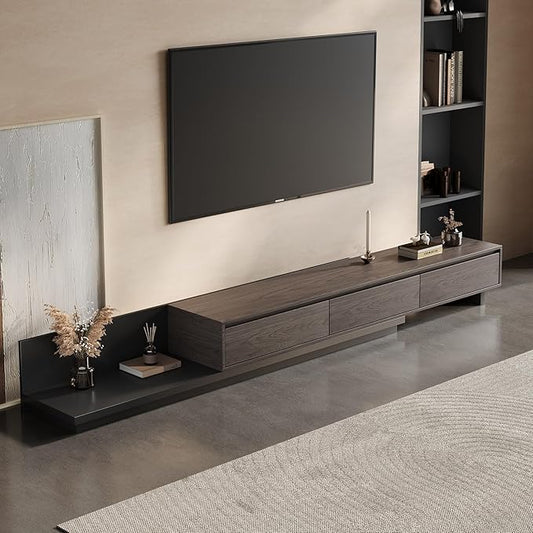 Mid-Century Modern Expandable TV Stand with 3 Drawers – Adjustable Entertainment Center for Living Room & Bedroom (79" to 130"), Stylish Black Walnut Media Console