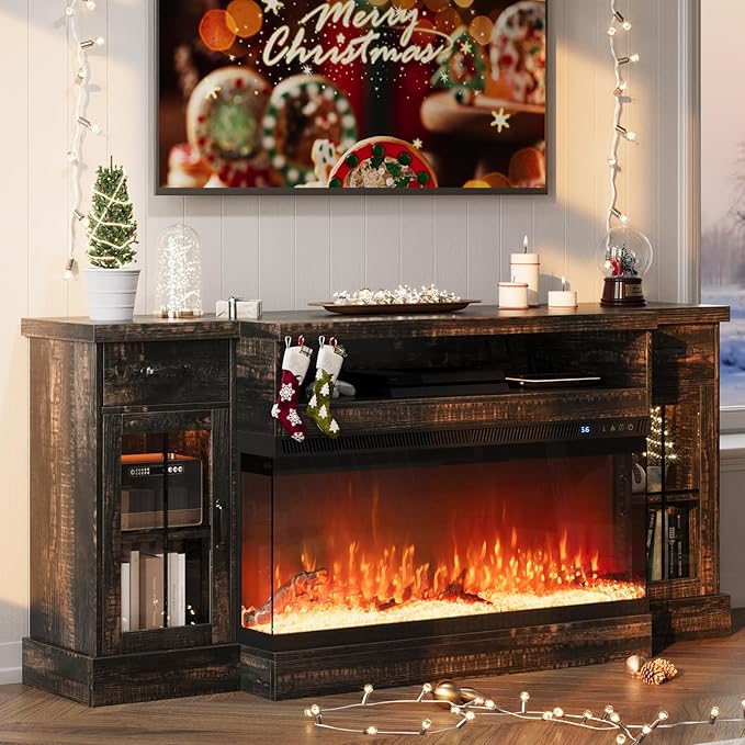 4 EVER WINNER 3-Sided Glass Fireplace TV Stand for TVs up to 80'' with 12 Color, 70" Media Entertainment Center Console Table with Doors Closed Storage,Electric tv Stands for Living Room, Rustic Oak