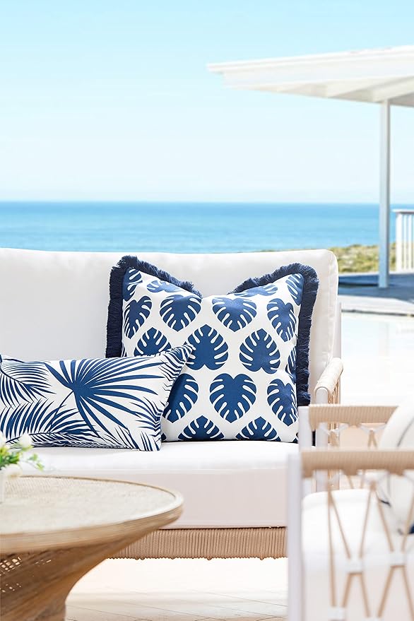 Hofdeco Premium Coastal Hampton Style Patio Indoor Outdoor Lumbar Pillow Cover Only, 12"x20" Water Resistant for Backyard, Couch, Navy Blue Palm Leaf