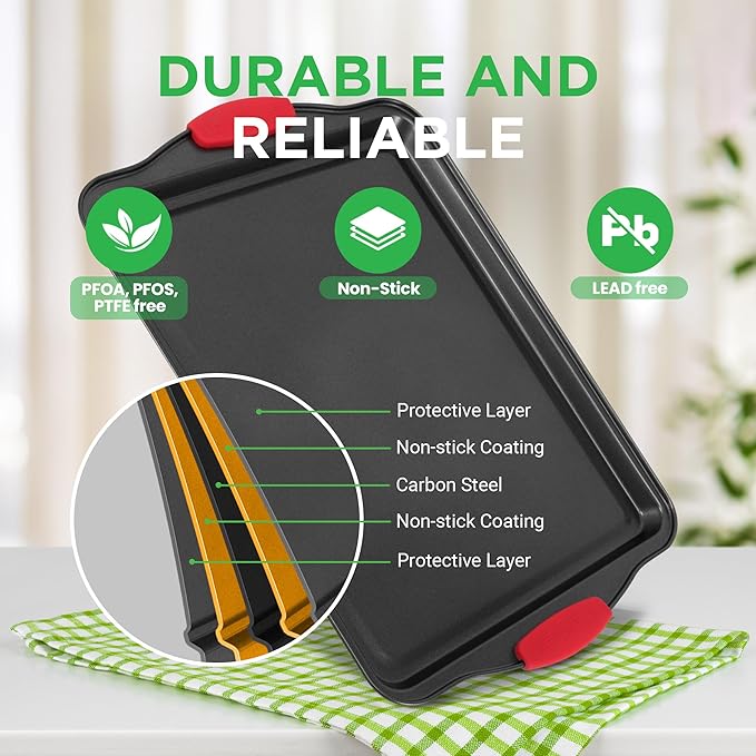 NutriChef Nonstick Baking Pans Set – Premium Cookie Sheets for Baking, Carbon Steel Stackable Baking Trays with Red Silicone Handles, Oven Safe Pans for Cookies, and Cakes, Dishwasher Safe (30 Pack)