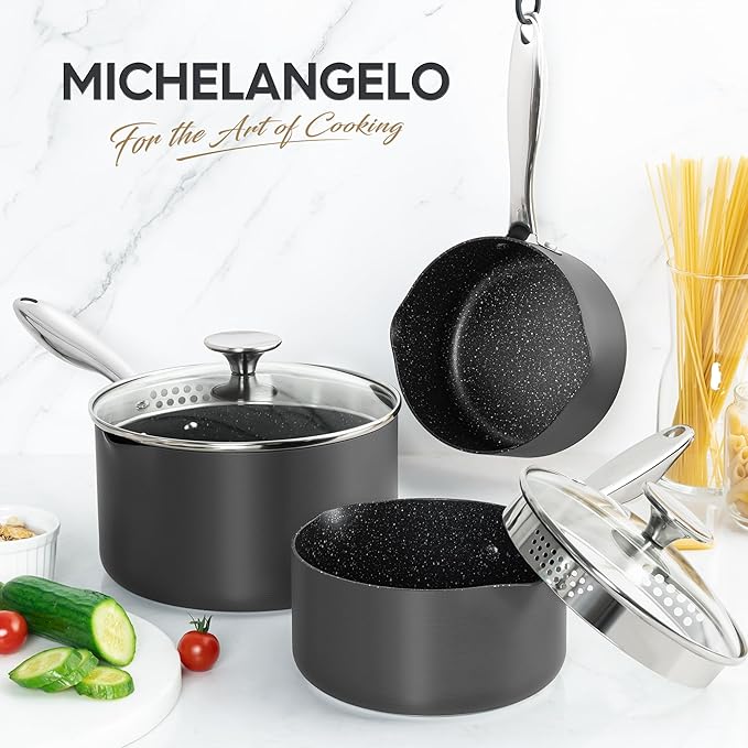 MICHELANGELO Hard Anodized Saucepan Set with Lids, Nonstick Saucepan with Pour Spouts & Strainer Lid for Easy Pour, Granite Derived Coating Sauce Pot Set - 1.5QT & 2QT &3QT Induction Sauce Pans