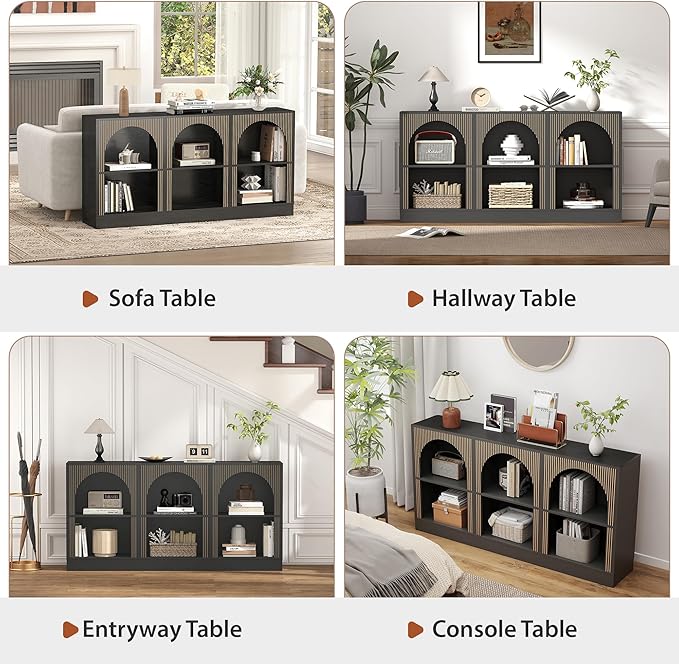Console Table with 3-Tier Open Storage, 63" Arched Entryway Table with Carved Fluted Panels, Rectangular Wooden Sofa Table for Living Room, Hallway, or Behind Couch (1, Black)