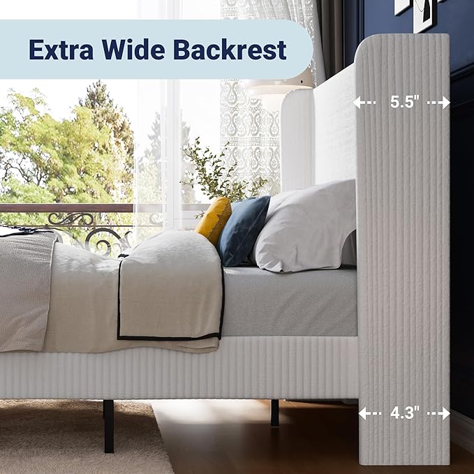 Allewie Queen Size Bed Frame with Upholstered Wingback Headboard, Vertical Channel Tufted Corduroy Velvet Platform Bed, Strong Wooden Slats Support, No Box Spring Needed, Easy Assembly, Sturdy，White