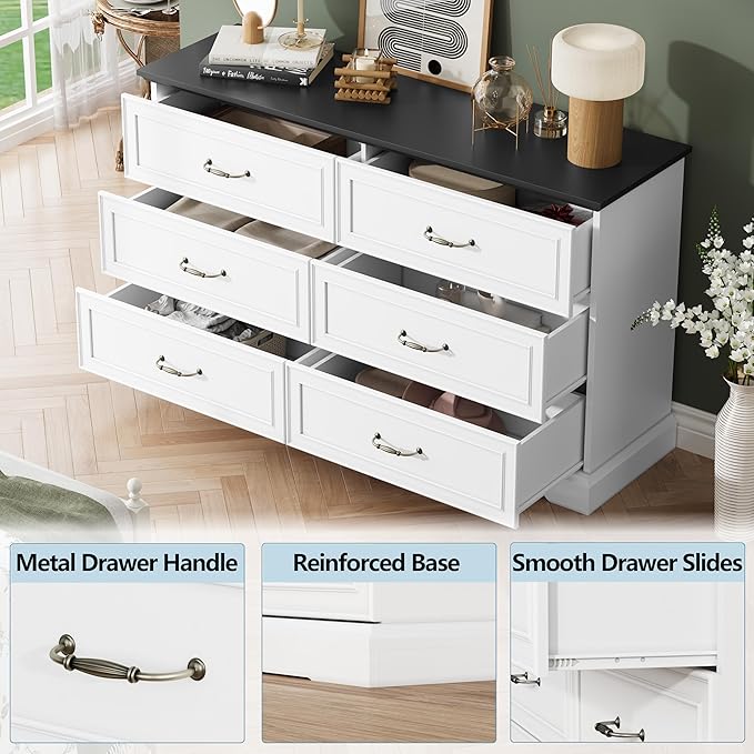 Dresser for Bedroom with 6 Drawer, Farmhouse Dresser for Closet, 53'' Wide Rustic Wooden Chest of Drawers with Natural Wood Texture, Vintage Storage Organizer for Living Room, Hallway, White