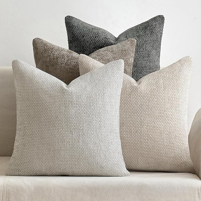 MIULEE Pack of 4 Couch Throw Pillow Covers 24x24 Inch Neutral Soft Decorative Chenille Pillow Covers Farmhouse Boho Accent Cushion Covers for Mid Century Modern Home Decor Sofa Bedroom Living Room
