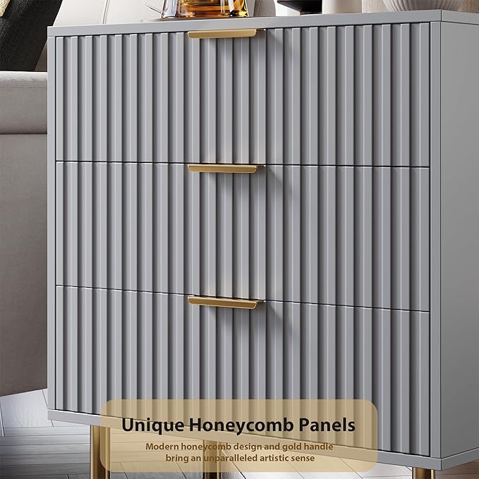 3 Drawer Dresser for Bedroom, Fluted Modern Nightstand with Deep Drawers, Chest of Drawers with Wide Top, Wooden Dresser Organizer, Side Table for Living Room, Hallway, Kids Room, Grey