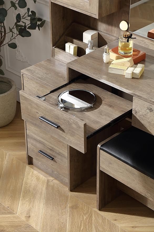 Extra Large Vanity with Folding Up Mirror and Lights,58.3'' Makeup Vanity Desk with Mirror and Lights,Outlet, Chair and Two Makeup Organizers,Dressing Table for Bedroom,Grey