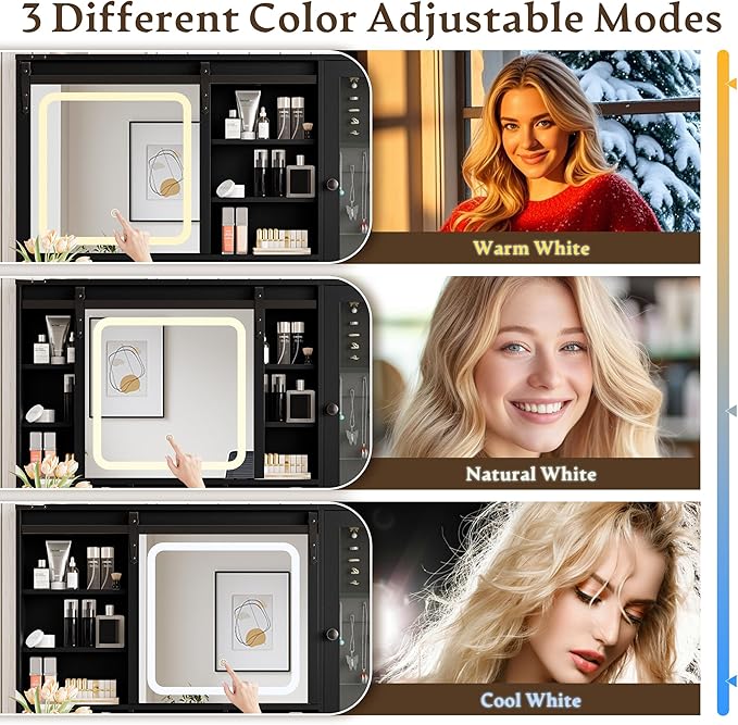 Black Vanity Desk with Mirror and Lights, Farmhouse Makeup Vanity Desk with Lighted Mirror & Power Outlet, RGB Glass Cabinet, Makeup Dressing Table with 3 Lighting Modes for Bedroom